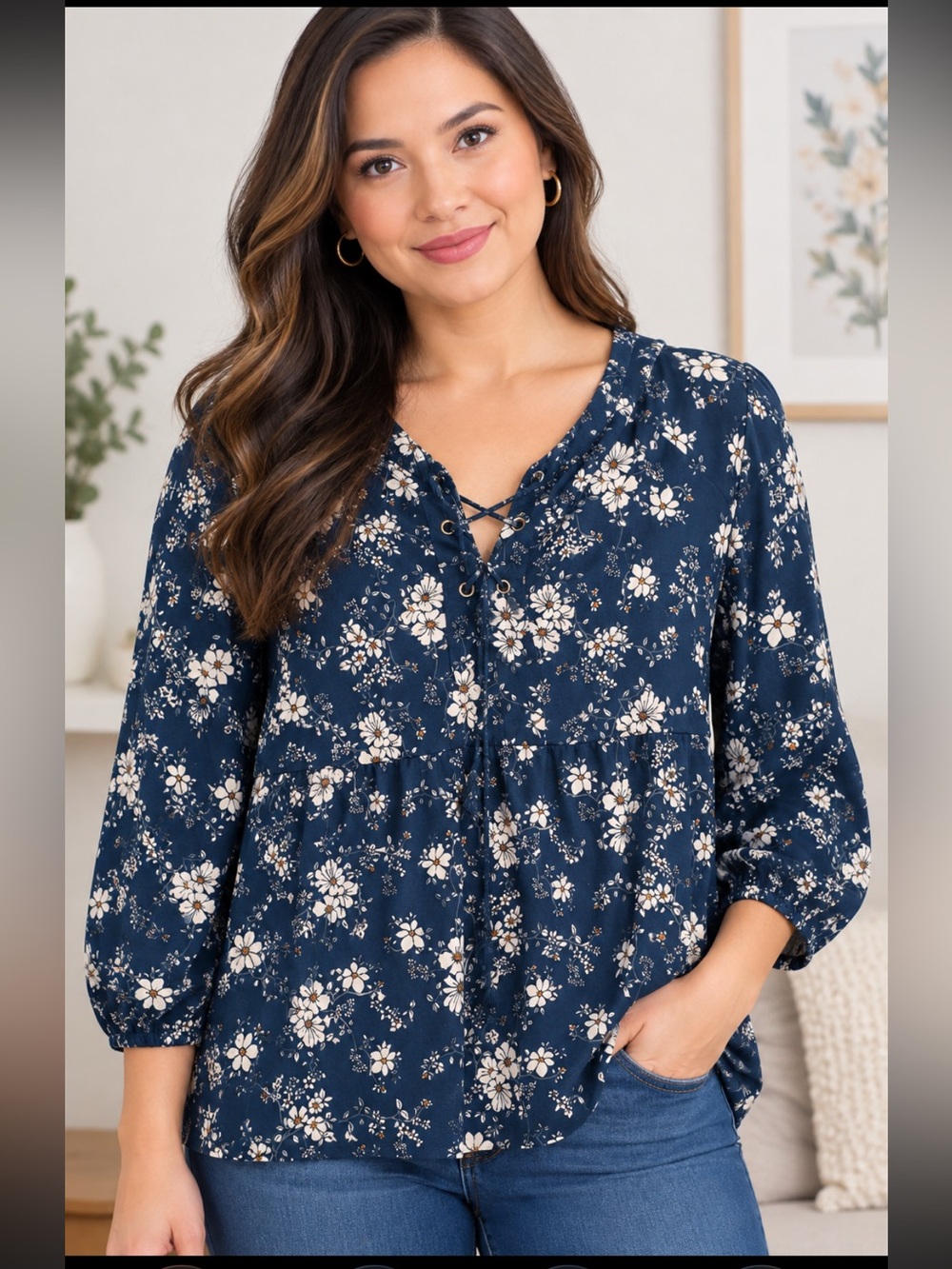 Massini Women's Navy Floral Lace-Up Peasant Top 2XL